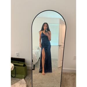 Windsor Navy Satin Ruched Formal Gown w Slit & Lace Back Dress